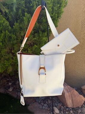 Dooney & Bourke White Shoulder Bag with Tan Accent and Matching Wallet